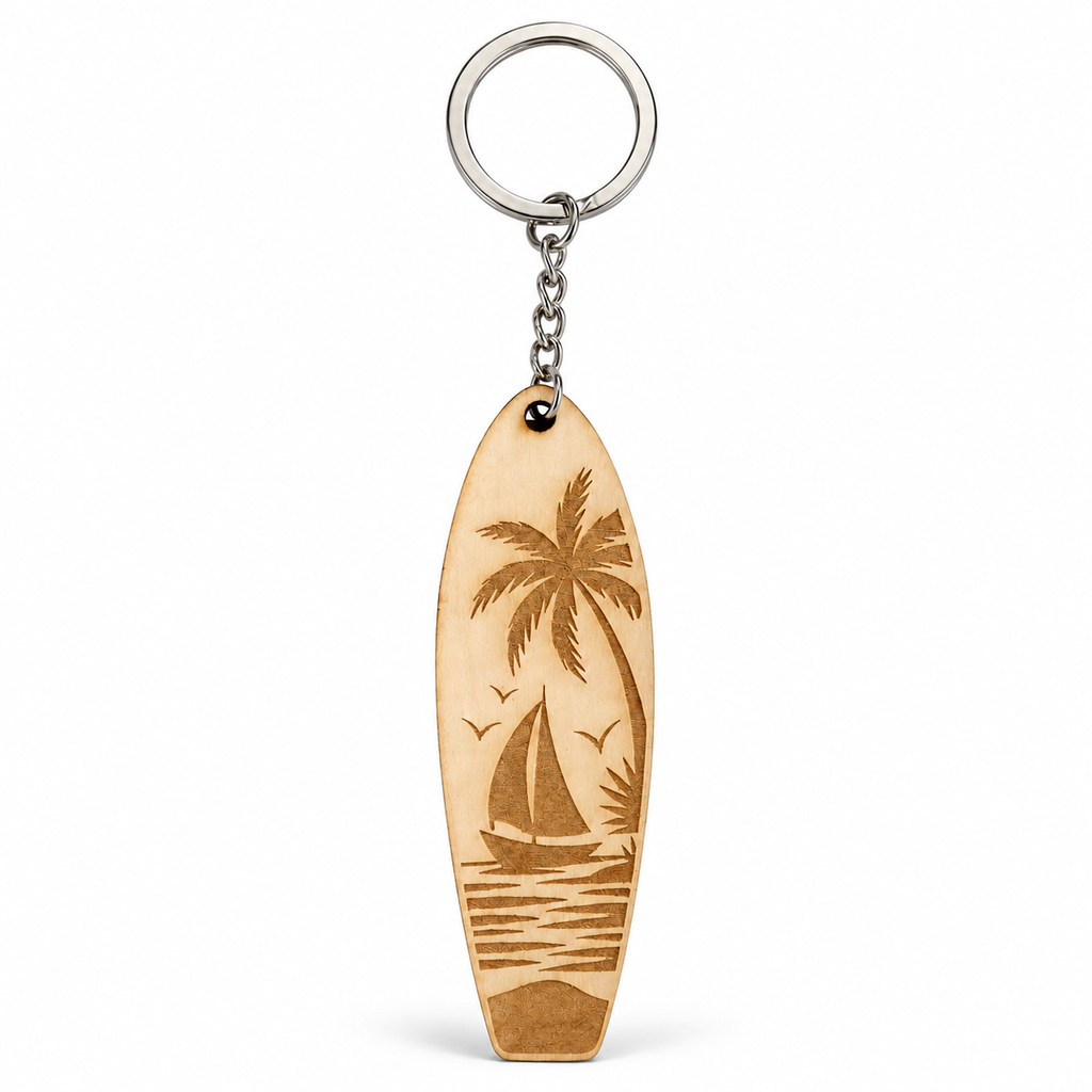 Coconut Tree Wooden Surfboard Keychain