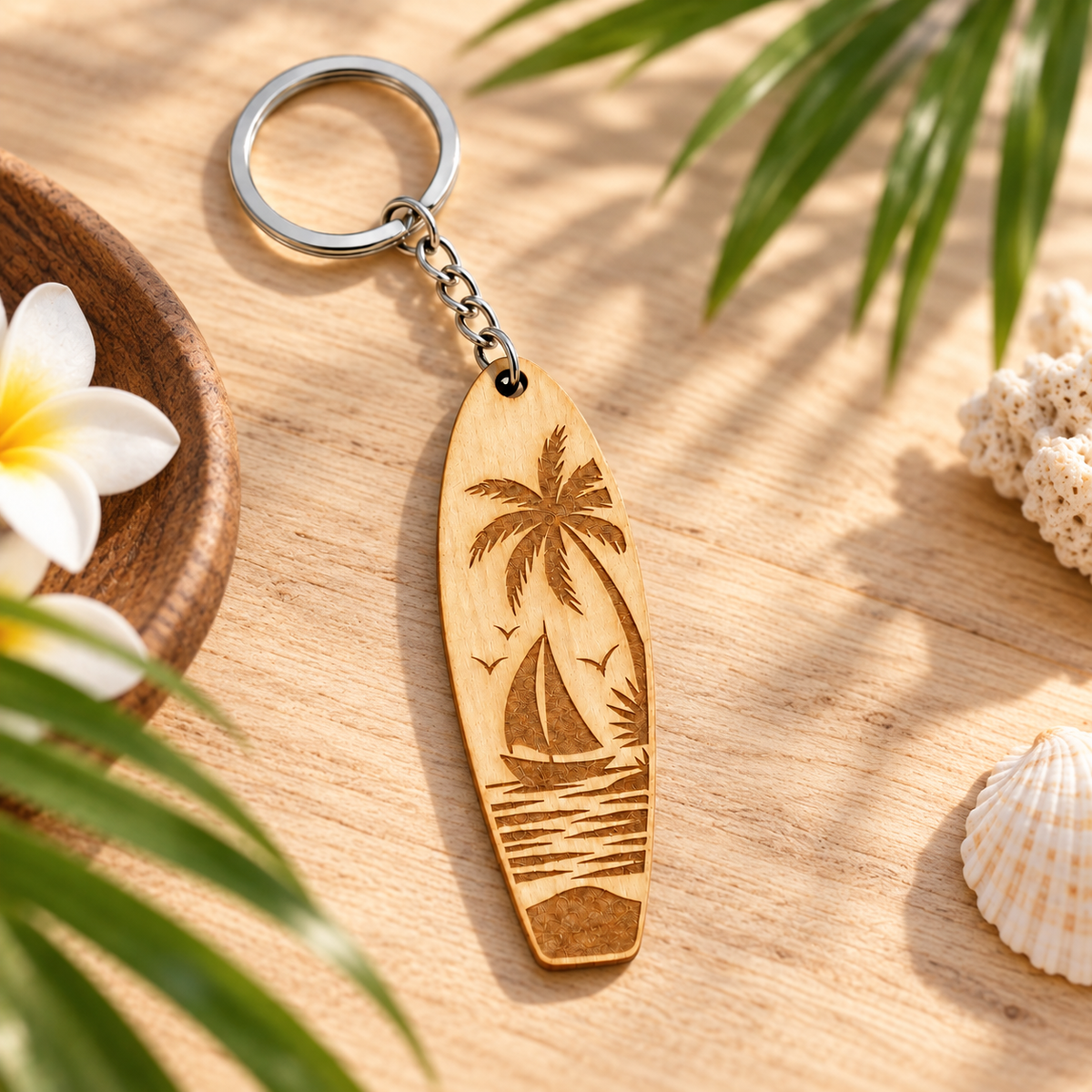 Coconut Tree Wooden Surfboard Keychain