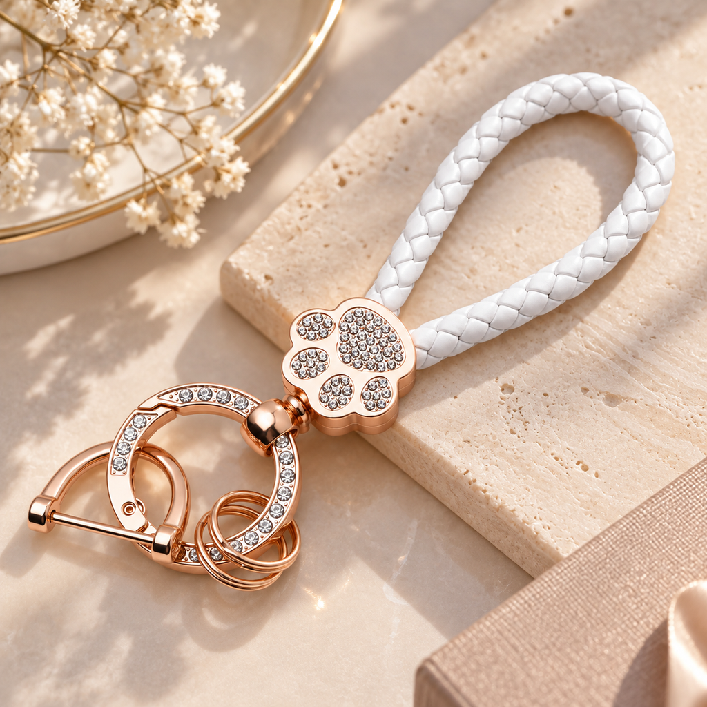 White Braided Keychain with Gold-Tone Clasp
