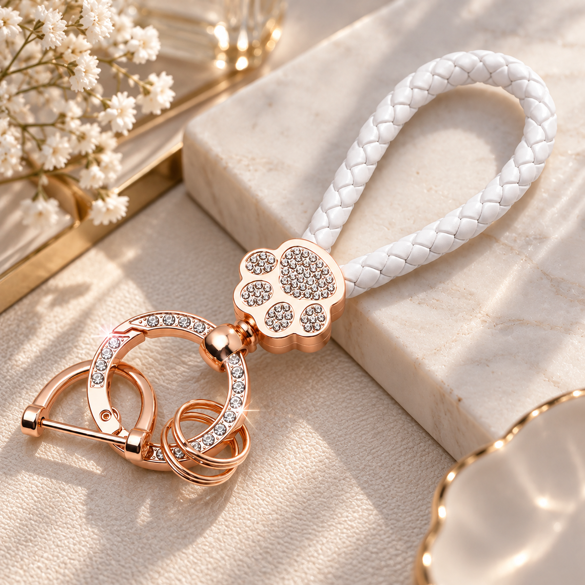 White Braided Keychain with Gold-Tone Clasp